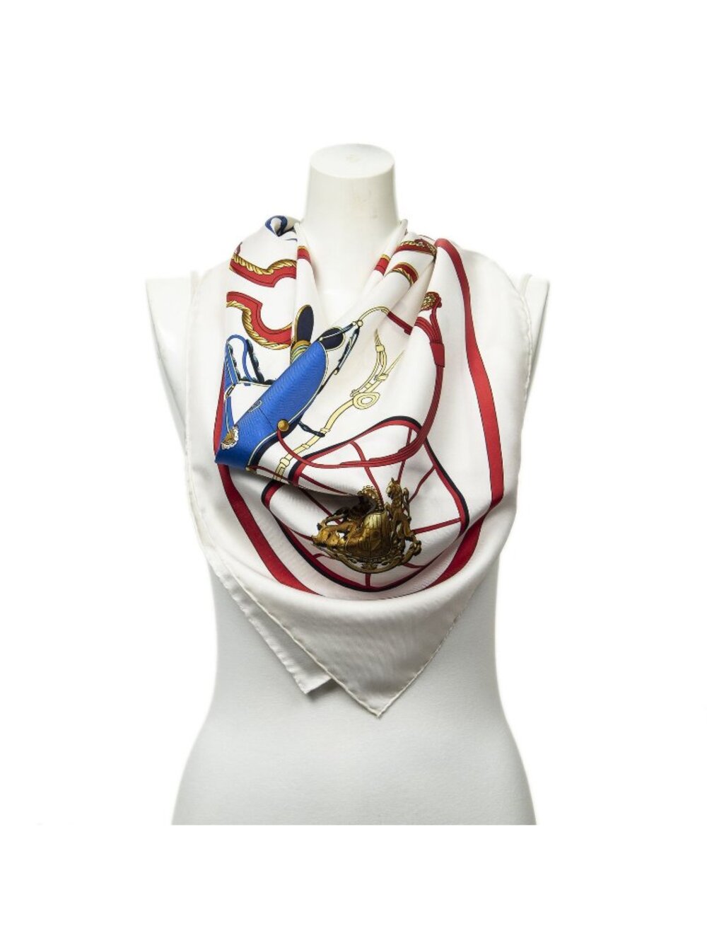 Hermes Scarf Ivory Red Blue Twill Silk